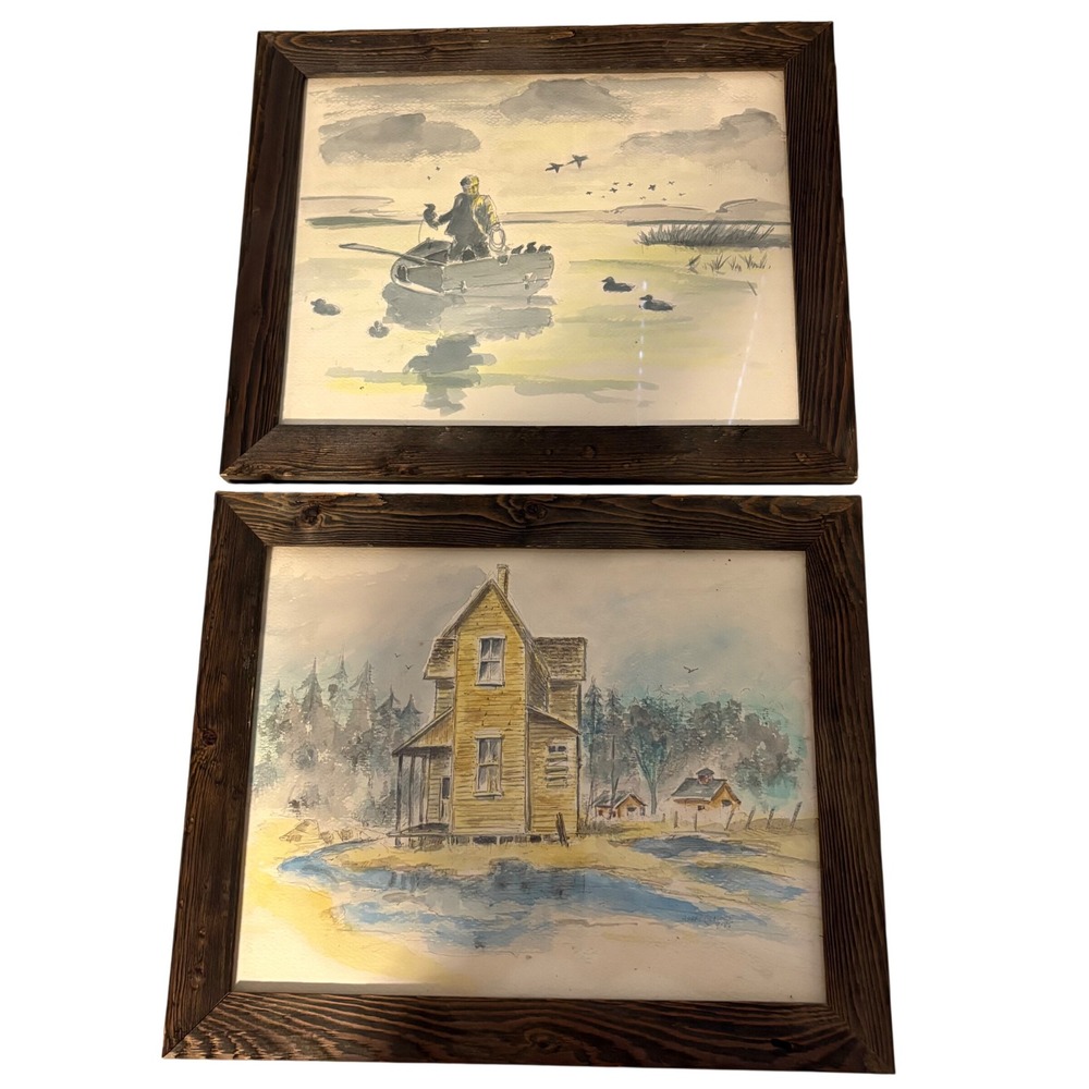 Jerry Heacock Signed Watercolor Paintings Set of 2 Duck Hunting Farmhouse 1985‎